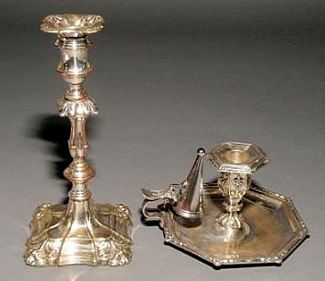 Sheffield silverplate candlestick and a chamber-stick ca 1820s - 1840s